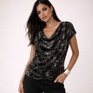 Y2K Glam Top Blouse Goth Burnout Velvet Draped Cowl neck Tribal print Sz L